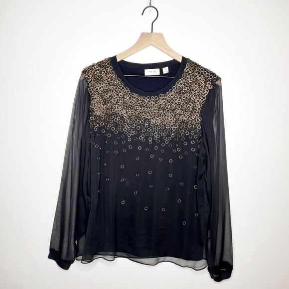 Per Se by Carlisle Ring Embellished Organza Sleeve Silk Blouse Black Size 12 - Picture 1 of 6